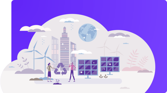 Illustration of a sustainable city with wind turbines, solar panels, a recycling symbol and people promoting environmental protection