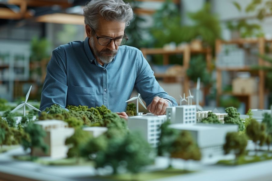 An architect works on a detailed model of the city that includes green spaces, modern buildings and wind turbines